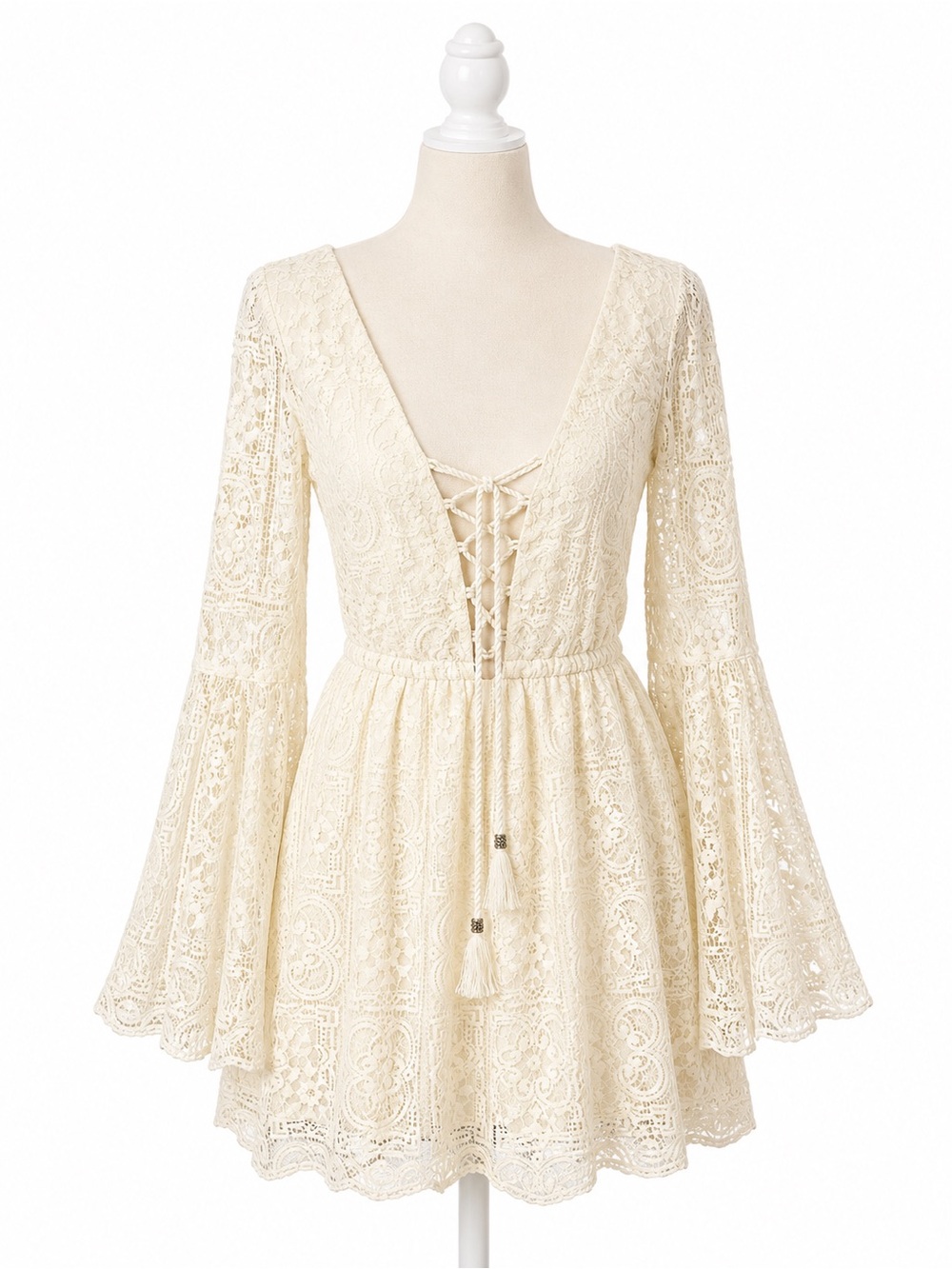 American Eagle Outfitters Ivory Lace Bell Sleeve Dress XXS Boho Lace Up Mini